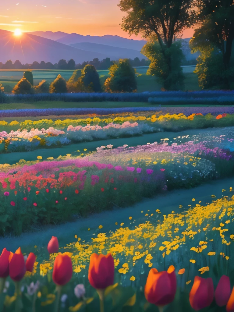 arafed view of a field of flowers with a sunset in the background, flower garden summer morning, beautiful border, in a cottagecore flower garden, cottagecore flower garden, lush flowery outdoors, incredibly beautiful, beautiful setting, beautiful lush colors, beautiful garden, flower garden, beautiful scene, flowers garden, very very beautiful!