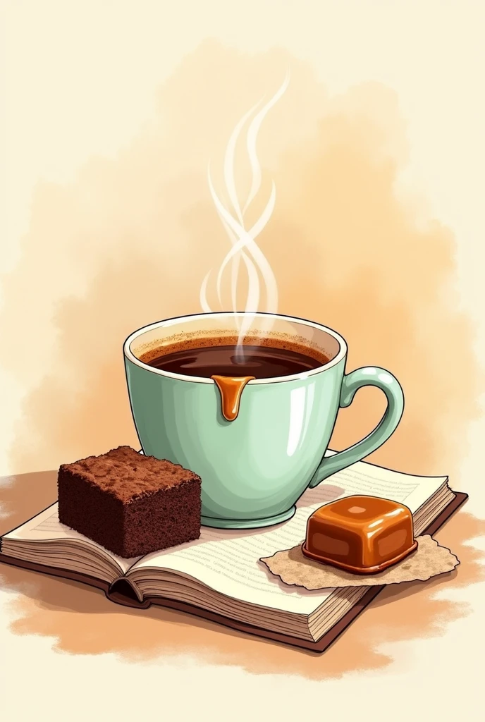 Line art with an icon of a caramel wrapped around a cup of coffee and a piece of brownie next to a book. Paleta de cores: Use caramel tones, Warm brown, cream and mint green.