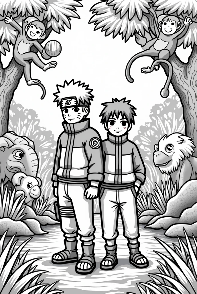 coloring pages for kids, naruto  Sasuke , cartoon style, thick lines, coloring pages for kids, animals in a jungle, cartoon style, thick lines, no shading