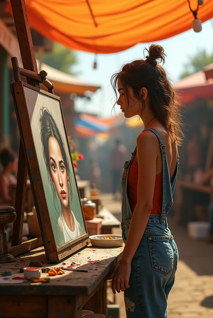 Lydia Finds the Portrait: A flea market scene with Lydia, a young art student, browsing through various stalls. She spots an old, unfinished portrait of a young woman. The woman’s face is only half-complete, with piercing eyes that seem to follow Lydia. The portrait is faded and weathered, adding to its mysterious allure