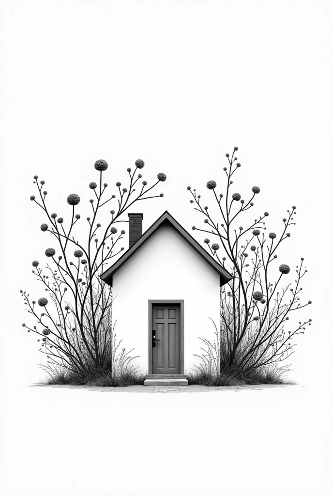 Generate a fairly House high details no grayscale no color but the design is simple black and white  flowers background 