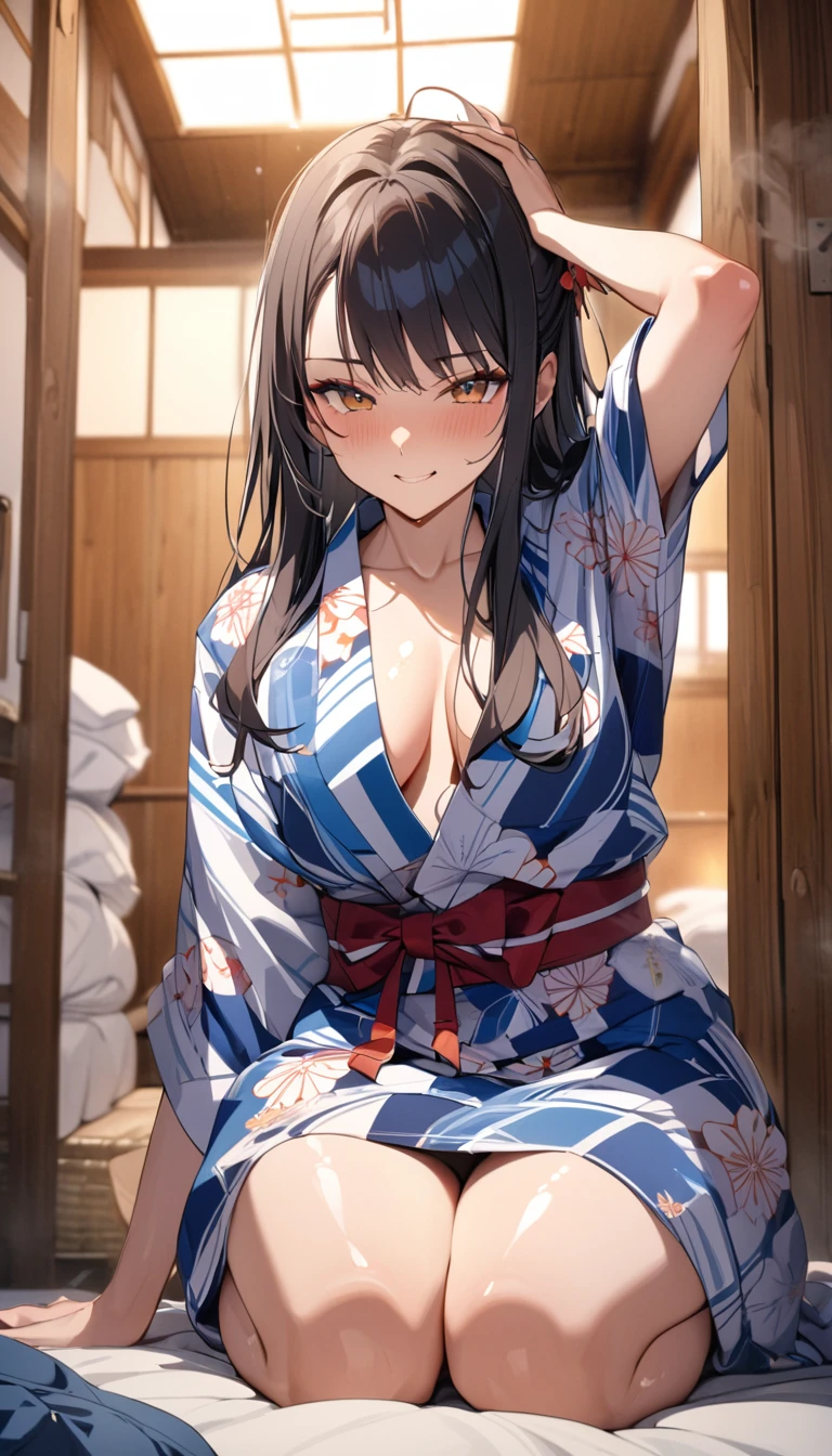 masterpiece,Highest quality,8k,futon,hostel,yukata,Bold Pose,Big behavior,Shiny hair,Glossy skin,Japanese idol model,