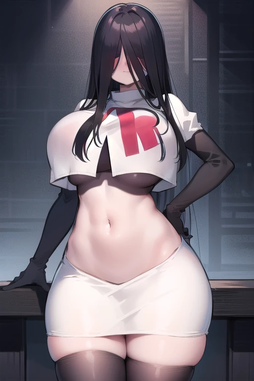 masterpiece, detailed, high quality, absurdres, sadako, (hair over eyes), pale skin, blush, large breasts, curvy, navel, stomach, groin, team rocket,team rocket uniform,white skirt,red letter R,crop top,black thigh-highs,black elbow gloves, cowboy shot,