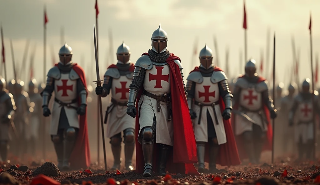 A highly realistic, high-contrast, 8K HD, detailed, hyper-detailed image of Crusader knights from the provided image, standing proudly after defeating their enemies. The knights, clad in steel armor with red crosses on their tunics and helmets fully covering their faces, rise from the battlefield with swords in hand, embodying victory and pride. The battlefield is littered with the remnants of battle, but the Crusaders stand tall, their posture and demeanor reflecting the honor and strength they embody. The atmosphere is filled with the weight of triumph, as the knights take a moment to acknowledge their victory and the sacrifices made. The ground is marked by subtle traces of blood, adding to the realism of the scene. The image is of the highest quality, with ultra-high resolution, RAW photo quality, and Unreal Engine rendering, capturing the powerful and solemn moment of victory for the Crusaders.