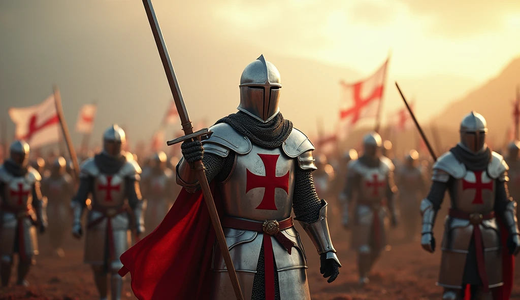 A highly realistic, high-contrast, 8K HD, detailed, hyper-detailed image of Crusader knights from the provided image, standing proudly after defeating their enemies. The knights, clad in steel armor with red crosses on their tunics and helmets fully covering their faces, rise from the battlefield with swords in hand, embodying victory and pride. The battlefield is littered with the remnants of battle, but the Crusaders stand tall, their posture and demeanor reflecting the honor and strength they embody. The atmosphere is filled with the weight of triumph, as the knights take a moment to acknowledge their victory and the sacrifices made. The ground is marked by subtle traces of blood, adding to the realism of the scene. The image is of the highest quality, with ultra-high resolution, RAW photo quality, and Unreal Engine rendering, capturing the powerful and solemn moment of victory for the Crusaders.