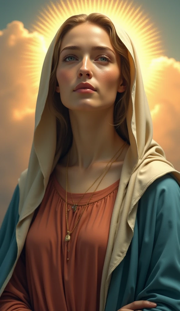 Staring at the camera with moist eyes、A beautiful Virgin Mary with a loving expression, Halo, Reddish beige tunic, Blue cloak and veil