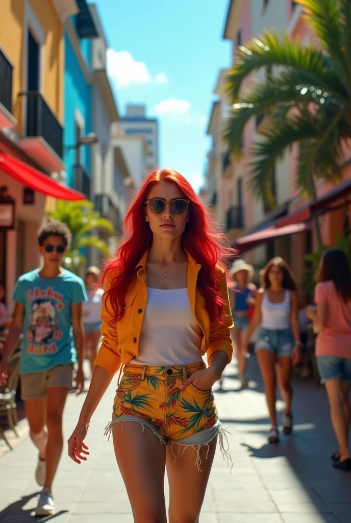 Brazilian woman, 22 years old, white, defined makeup, rounded nose, reddish cheeks, hair with red highlights, big boobs, Walking around the city With Naked