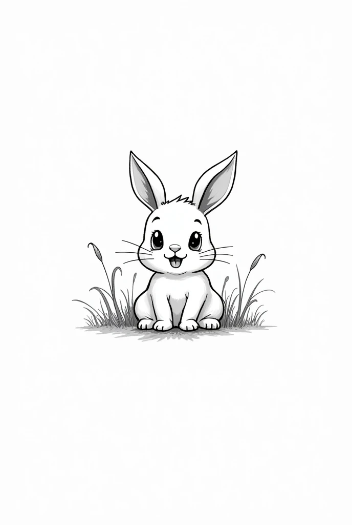 black and white line drawing of a white happy bunny