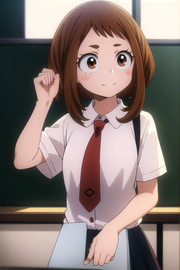 ochakouraraka, ochako uraraka, (uraraka ochako:1.5), (brown eyes:1.5), brown hair, short hair, blush, blush stickers, smile,
BREAK skirt, shirt, school uniform, white shirt, short sleeves, pleated skirt, necktie, collared shirt, red necktie, u.a. school uniform,
BREAK indoors, classroom,
BREAK looking at viewer,
BREAK (masterpiece:1.2), best quality, high resolution, unity 8k wallpaper, (illustration:0.8), (beautiful detailed eyes:1.6), extremely detailed face, perfect lighting, extremely detailed CG, (perfect hands, perfect anatomy),