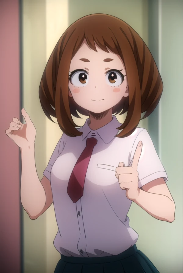 ochakouraraka, ochako uraraka, (uraraka ochako:1.5), (brown eyes:1.5), brown hair, short hair, blush, blush stickers, smile,
BREAK skirt, shirt, school uniform, white shirt, short sleeves, pleated skirt, necktie, collared shirt, red necktie, u.a. school uniform,
BREAK indoors, classroom,
BREAK looking at viewer,
BREAK (masterpiece:1.2), best quality, high resolution, unity 8k wallpaper, (illustration:0.8), (beautiful detailed eyes:1.6), extremely detailed face, perfect lighting, extremely detailed CG, (perfect hands, perfect anatomy), 