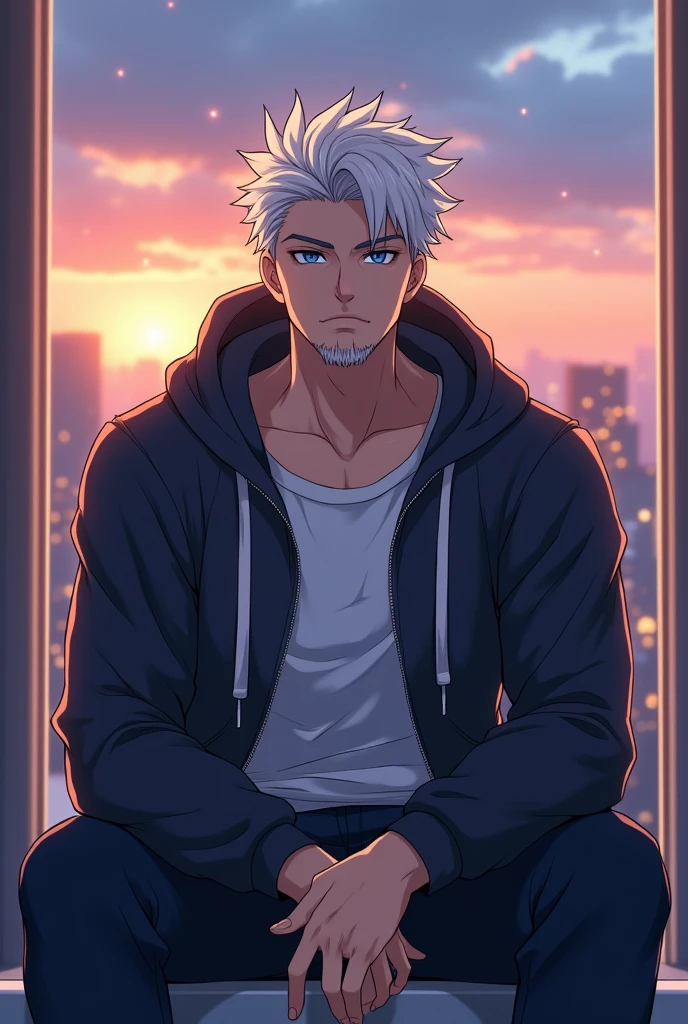 man of 20 years sitting on chair facing forward, hair color is white,skin color is white ,blue eyes , dress is hoodie , man should be have  beard , eyes and face should be facing forward, character be like anime , having healthy body