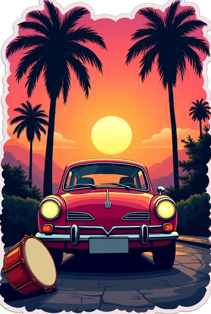 ((Sticker design)), Classic Fusca car, Sunset background, Palm trees, 5 colors of layers, Corner Street, Beleq drum, Presean, car in black color