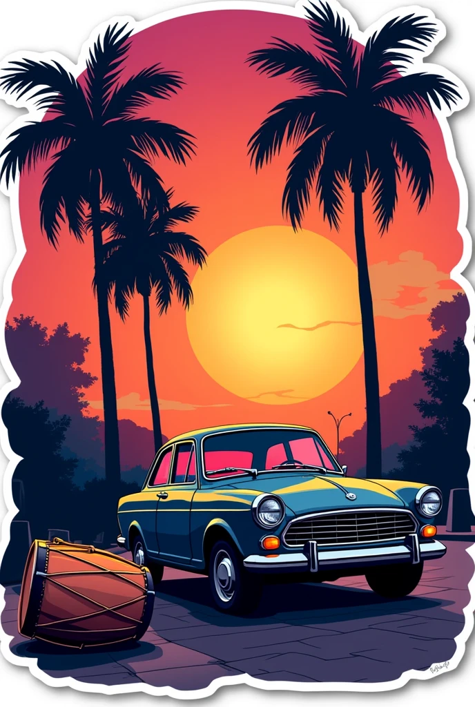 ((Sticker design)), Classic Fusca car, Sunset background, Palm trees, 5 colors of layers, Corner Street, Beleq drum, Presean, car in black color
