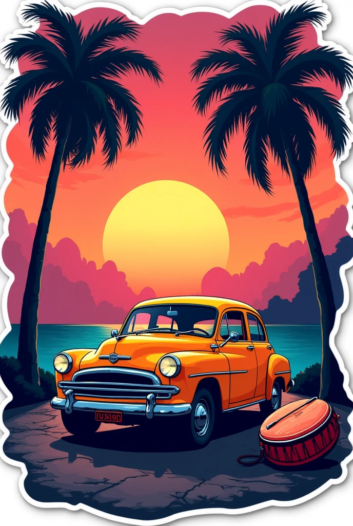 ((Sticker design)), Classic Fusca car, Sunset background, Palm trees, 5 colors of layers, Corner Street, Beleq drum, Presean, car in black color