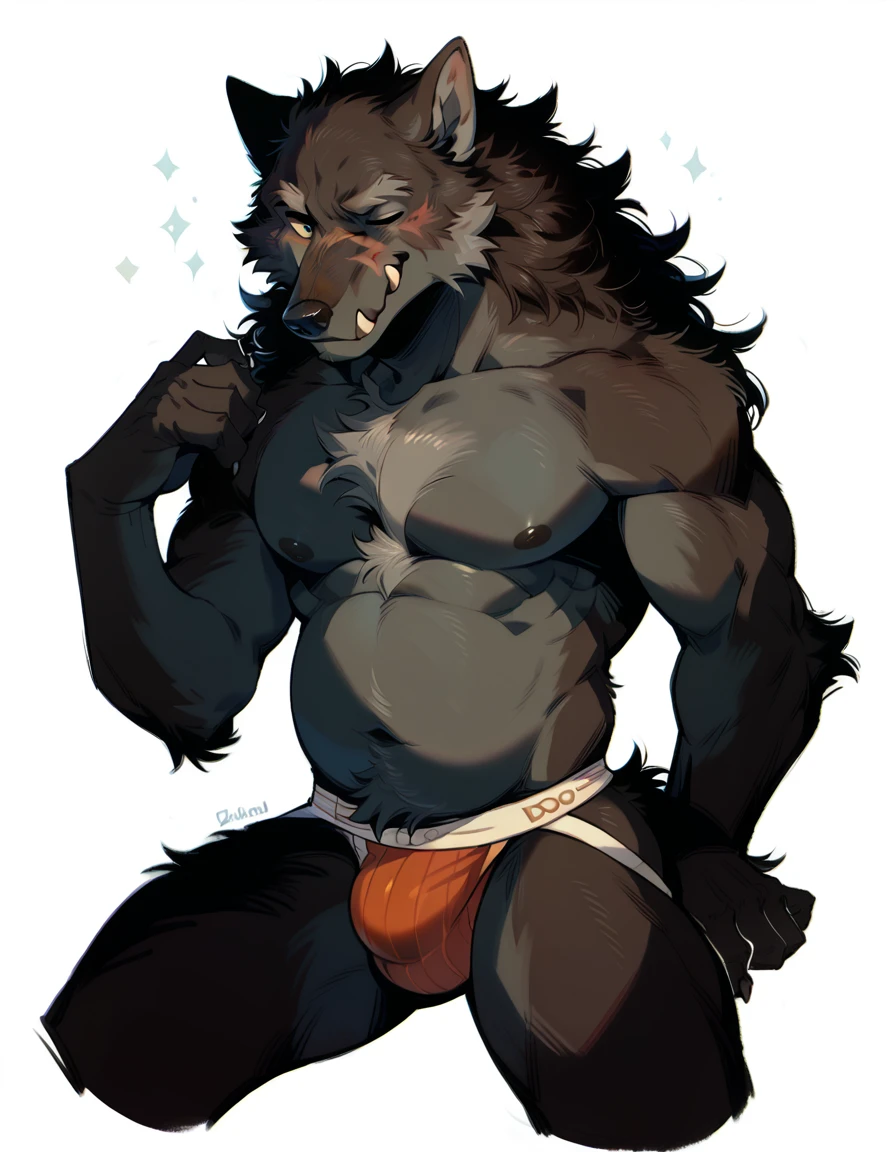 Blaidd from elden ring,wolf,jockstrap,male,seductive,cute,confident,fluffy,belly tuft,chest tuft