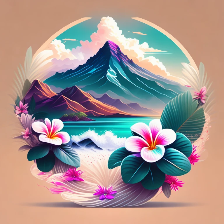 Hawaiian mountains and abundant plumeria flowers, splash art, t-shirt design, midjourney, vector art, hydro74, 8 colors