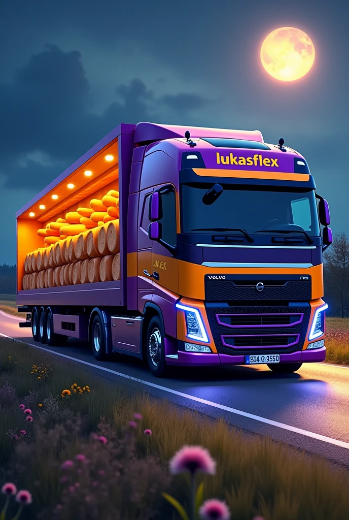 masterpiece, high quality, Volvo truck with a horn, walking down the road, a sign on the side of the road should say:"lukasflex" carrying cheese in its fox, Fluo colors, purple, most realistic truck, more details con una luna de fondo, make the cheese more visible, more details