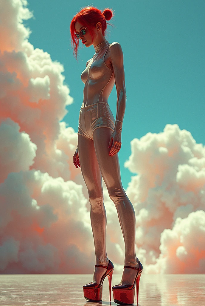 Maison Margiela's Couture Show Movie 'The Creator' (Realistic) translucent skintight suit fashion model Cinematic PUNK ROCK cute red haired girl, ((Pole Dancer High Platform Shoes thick Heels)) with bouncing breasts in the style of Tony Sandoval and Geoff Darrow art. Fighting robots in the the clouds. Explosion. (4K image:1.1), (Sharp focus:1.3), Highly detailed, (Attractive young woman:1.3), (Alluring:1.1), (Blush:1.1) (Style-Glass), (()), High resolution, Anti-aliasing, 8k, ((Syd Mead)), Sharp details, ((masterpiece)), (Picturesque) sex android NEON Cinema film-grab.com