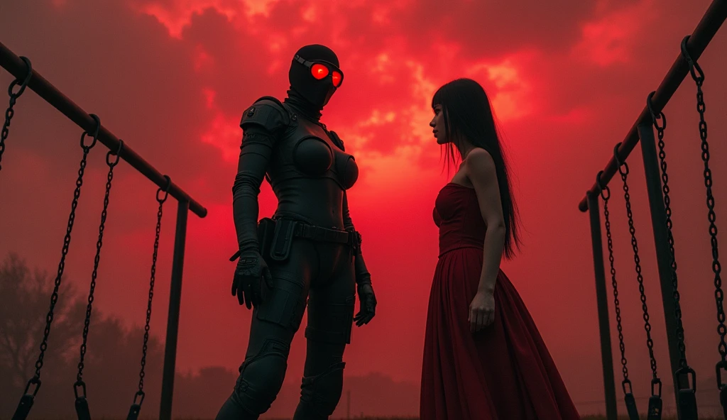 tall F.E.A.R. operative wearing tactical balaclava and red googles holding sub-machine gun standing with in red dress with tall black hair and pale skin. Her eyes glow red and her height is short. They both standing near the swings and look at chaotic red sky. 
