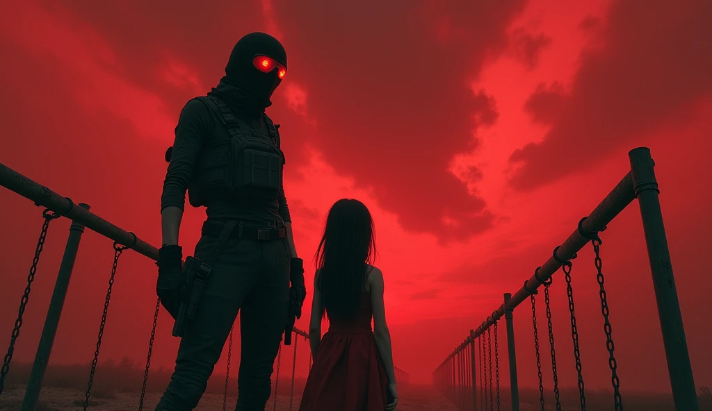tall F.E.A.R. operative wearing tactical balaclava and red googles holding sub-machine gun standing with in red dress with tall black hair and pale skin. Her eyes glow red and her height is short. They both standing near the swings and look at chaotic red sky. 