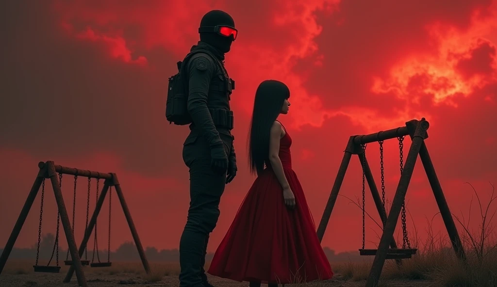 tall F.E.A.R. operative wearing tactical balaclava and red googles holding sub-machine gun standing with in red dress with tall black hair and pale skin. Her eyes glow red and her height is short. They both standing near the swings and look at chaotic red sky.