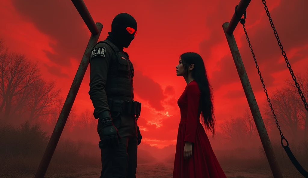 tall F.E.A.R. operative wearing tactical balaclava and red googles holding sub-machine gun standing with in red dress with tall black hair and pale skin. Her eyes glow red and her height is short. They both standing near the swings and look at chaotic red sky.