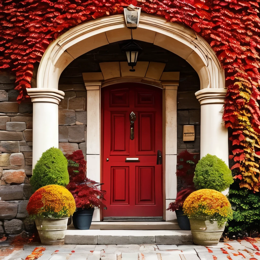 arafed door in a stone building covered in red leaves, magic doorway, doorways, doorway, beautiful deep colours, deep colours. ”, rich picturesque colors, doors, full of colors and rich detail, autumn! colors, colorful vines, dramatic entry, beautiful deep colors, beautiful colours, clad in vines, in the autumn, rich and deep colors, incredible colors