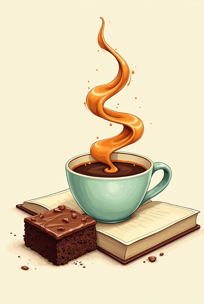 Line art with an icon of a caramel wrapped around a cup of coffee and a piece of brownie next to a book. Paleta de cores: Use caramel tones, Warm brown, cream and mint green.