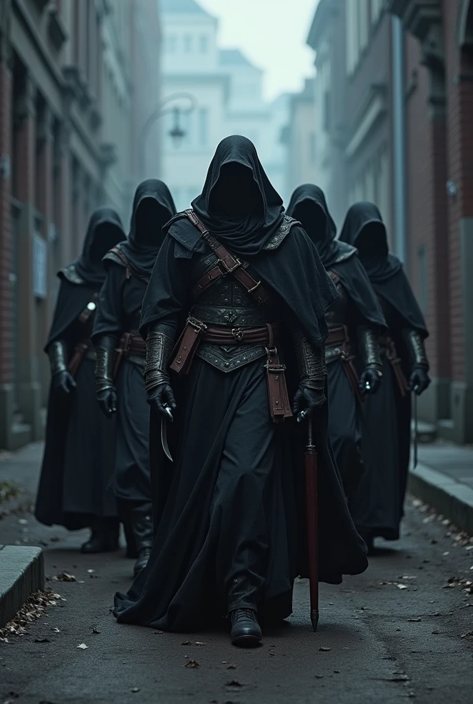 Unit of 6 imperial assassins, a group with several murderers, . Instill fear, Everyone has a weapon in their hands. (daggers, swords, double-handed sword, war hammer, axe, Lanza, bows and arrows), Their armor is light, decorated and fitted, all the armor is different, in some you can see a little bit of skin, (black), Each one is in a different position, They all have hoods and cloaks. torn clothes, torn by battles, They all have different masks, everyone has a different style of light armor
