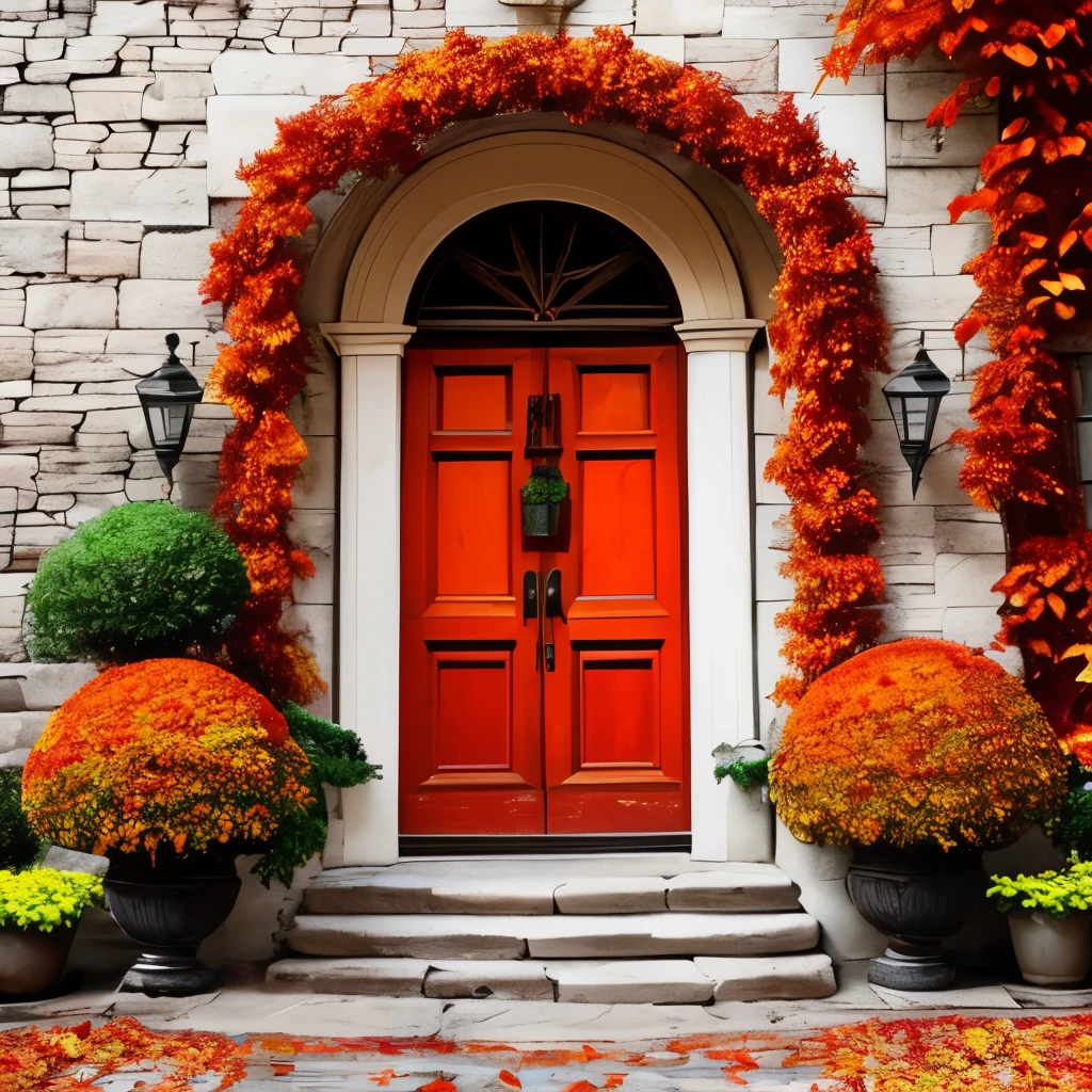 arafed door in a stone building covered in red leaves, magic doorway, doorways, doorway, beautiful deep colours, deep colours. ”, rich picturesque colors, doors, full of colors and rich detail, autumn! colors, colorful vines, dramatic entry, beautiful deep colors, beautiful colours, clad in vines, in the autumn, rich and deep colors, incredible colors