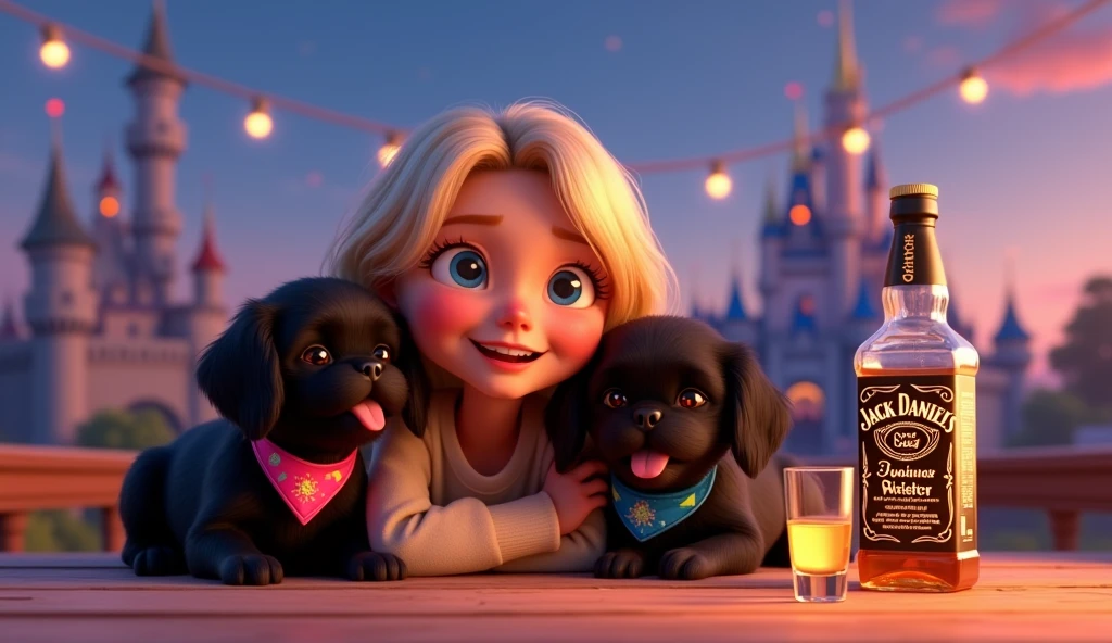 Cute blonde giirl with big blue eyes 2 adorable black shih tzu puppies with big blue eyes wearing bright collars and bandanas holding a bottle of jack daniels and two shot glasses having a party on a disney rooftop 3D Pixar style