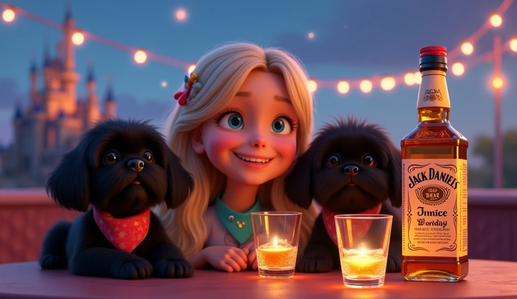Cute blonde giirl with big blue eyes 2 adorable black shih tzu puppies with big blue eyes wearing bright collars and bandanas holding a bottle of jack daniels and two shot glasses having a party on a disney rooftop 3D Pixar style