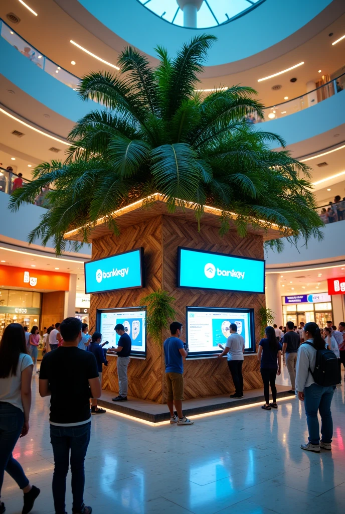 I need to create an image of a bank brand activation in a shopping mall with touch screens and merchandising of the activation that is a piece like an island in a shopping mall and with people queuing up to participate in the activation and that it is very noticeable that it is an activation of a banking entity.