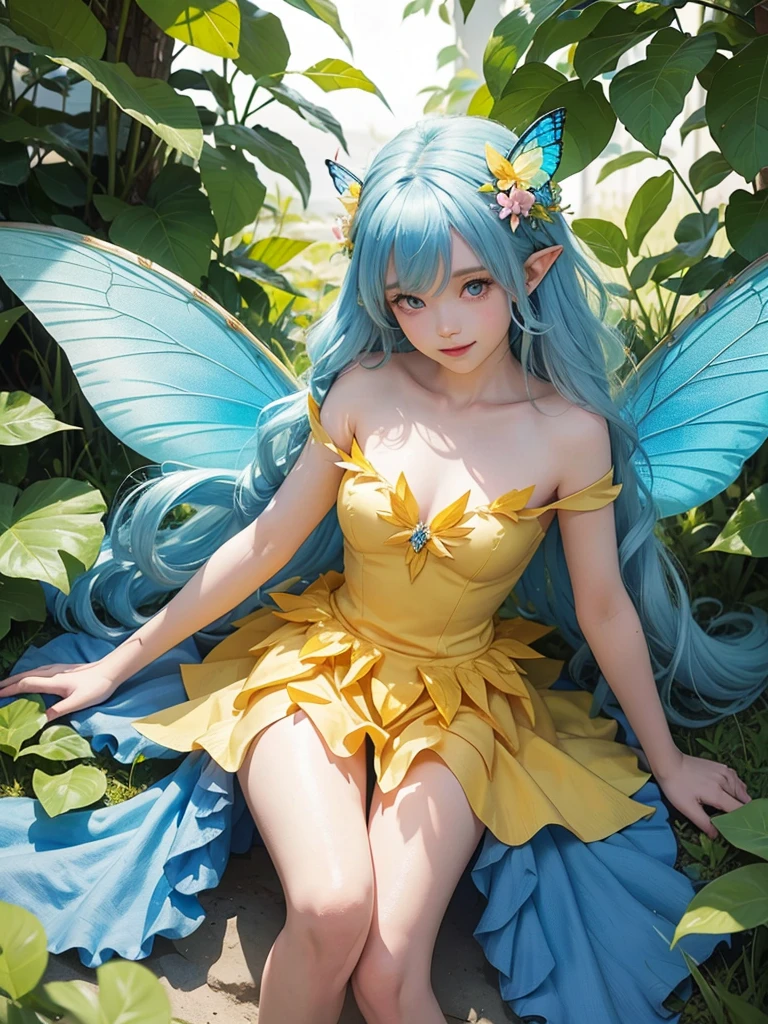 cute little Fairy, blue butterfly, yellow hair, pink eyes, yellowdress pointy ears dress made of petals leaves forward leaning posture leaf fairy flower clothes made of leaves thin wings gently smiling big leaf