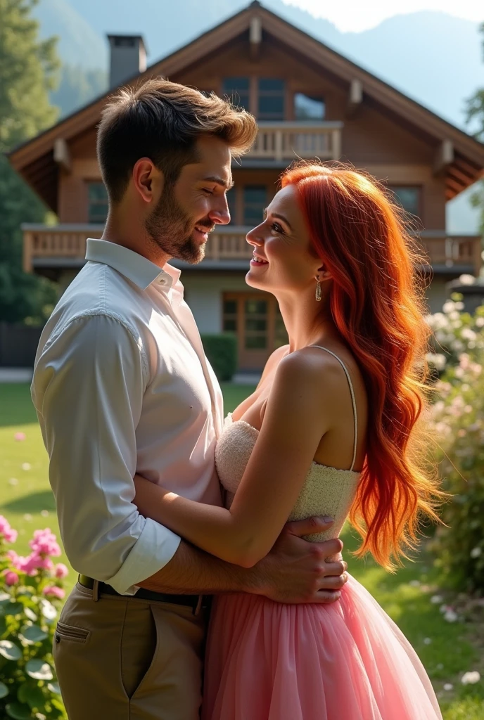 A beautiful, fat woman with long, red hair, cheeks full of freckles and red. Dressed in a pink tulip-shaped skirt.
A handsome man with short, dark blonde hair, Striking green eyes, his sculpted jaw and stubble he is handsome with black dress pants and a white button-down shirt.
They are facing each other and in the background there is a large and beautiful chalet.