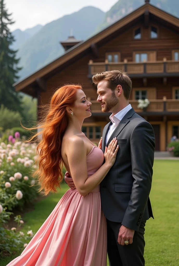 A beautiful, fat woman with long, red hair, cheeks full of freckles and red. Dressed in a pink tulip-shaped skirt.
A handsome man with short, dark blonde hair, Striking green eyes, his sculpted jaw and stubble he is handsome with black dress pants and a white button-down shirt.
They are facing each other and in the background there is a large and beautiful chalet.