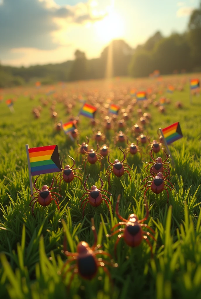Create an image of an army of hundreds of ticks marching with rainbow flags. ( the ticks should walk on all their legs and be shown from above)