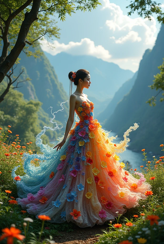 A Vietnamese woman with big breasts, wearing a dress made of flowers, under her feet and behind her is a forest of blooming flowers, with all kinds of flowers in many colors, each flower is blue, red, yellow, green, purple, with sunlight shining through the leaves, on the mountains in the distance are mountains with white clouds swirling around, wearing a gorgeous outfit, gorgeous dress, intricate dress, elegant fire dress, gorgeous and elegant, lavish dress, inspired by Hedi Xandt, gorgeous dress, intricate dress, gorgeous royal dress, gorgeous clothes, gorgeous dress, intricate and elegant, dress with intricate details, gorgeous, high heels, royal dress, detailed hands, Fire in the body, water on the dress, lightning element, fire element, lightning wings, full water, Transparent clothes, masterpiece, best quality: 1.2),, (8k, high resolution, RAW images, realistic, photorealistic: 1.3), (detailed skin texture, detailed cloth texture, detailed water, detailed trees, detailed textured flowers, detailed leaves, detailed colors, beautifully detailed faces: 1.25), professional lighting, photon mapping, beautiful soft lighting, brightness, physically based rendering, ray tracing, model shooting style, model shooting style, (Unity's super detailed 8k CG backgrounds), the world's most beautiful full body artwork,