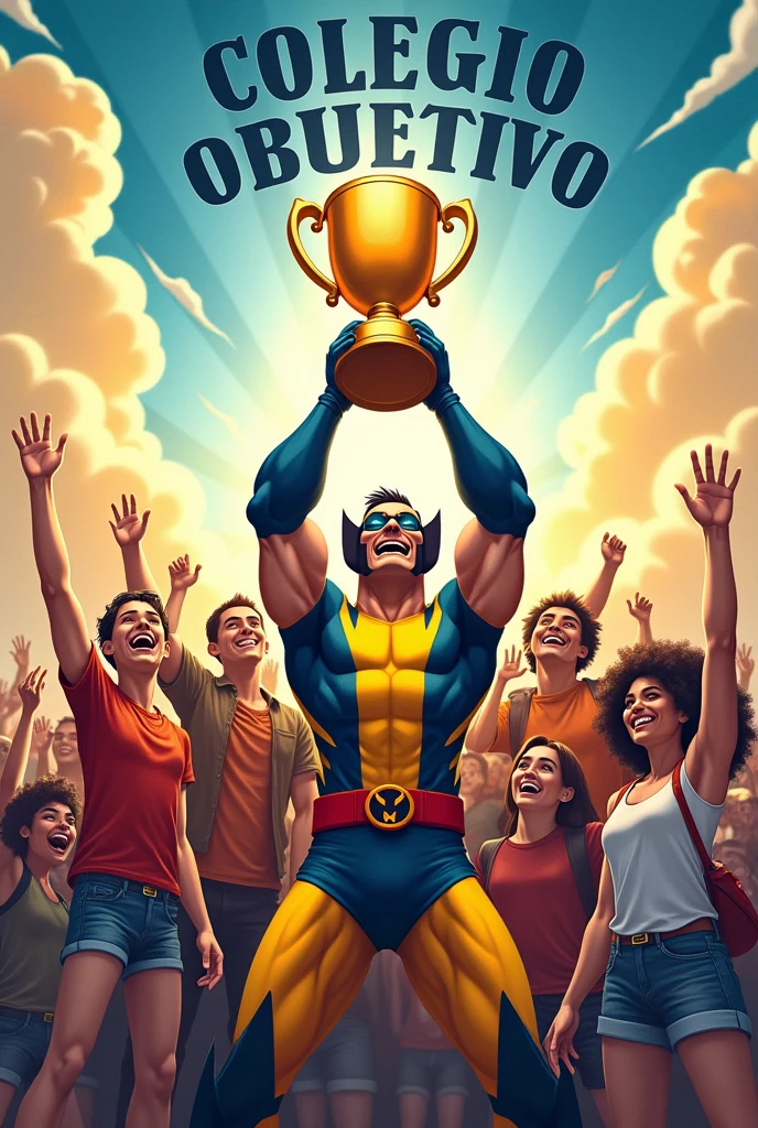 Generate a flag with the Character wolverine rising a trophy together with some students, the flag color must be yellow, must have a impressive back ground and it needs to have the phrase Colégio Objetivo. 