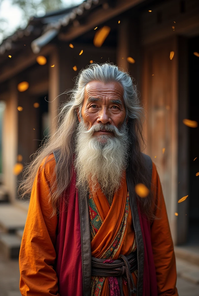 Asian Old Man,Long hair and hairstyles,barba longa,staring directly at camera, not center,clear facial features,bright colors, light particle, with bright light, Mushhiv, Wallpaper Art, UHD wallpapers、vivid atmosphere, near an old house, village