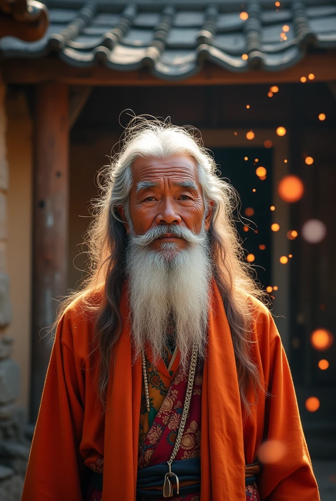 Asian Old Man,Long hair and hairstyles,barba longa,staring directly at camera, not center,clear facial features,bright colors, light particle, with bright light, Mushhiv, Wallpaper Art, UHD wallpapers、vivid atmosphere, near an old house, village