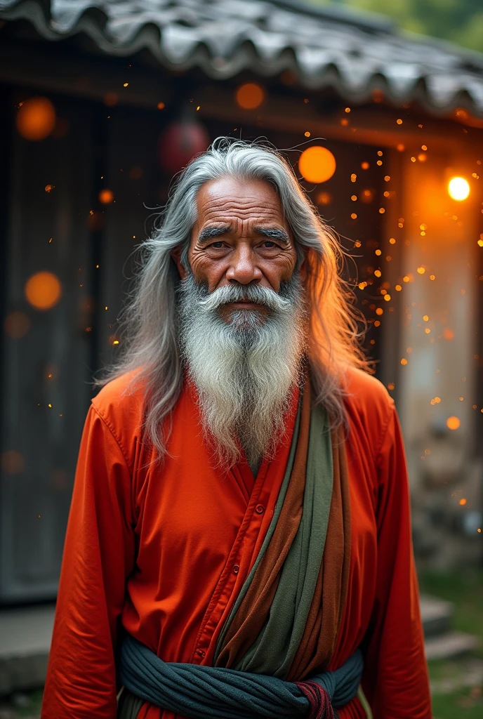 Asian Old Man，Long hair and hairstyles，barba longa，staring directly at camera, not center，clear facial features，bright colors, light particle, with bright light, Mushhiv, Wallpaper Art, UHD wallpapers、vivid atmosphere, near an old house, village