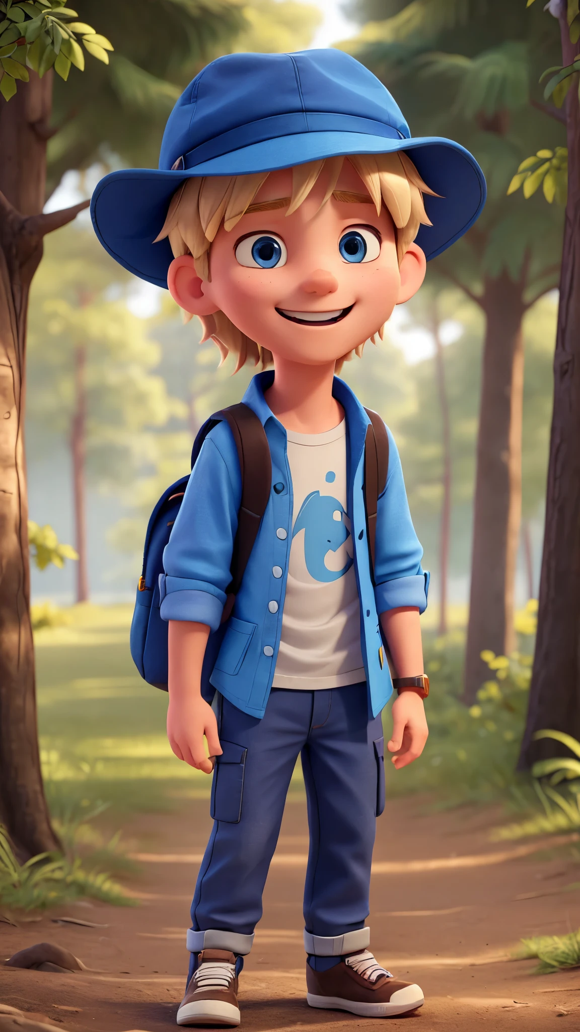 a young man with blond hair and blue eyes. He is dressed in explorer clothes, wears a hat, pants and sneakers. he is wearing a long-sleeved shirt. he has a backpack on his back. He is facing the camera in close-up and is laughing a lot. is happy.