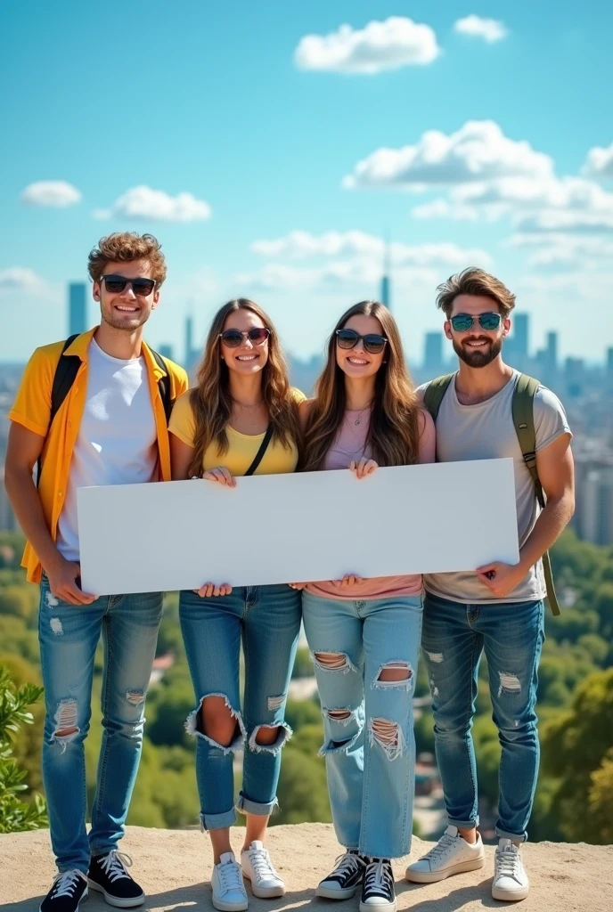 I believe that 4 young people, that they are holding a sign that measures 30cm wide and is very long and that the people are wearing normal street clothes. And let it have a landscape background. Everyone with sunglasses