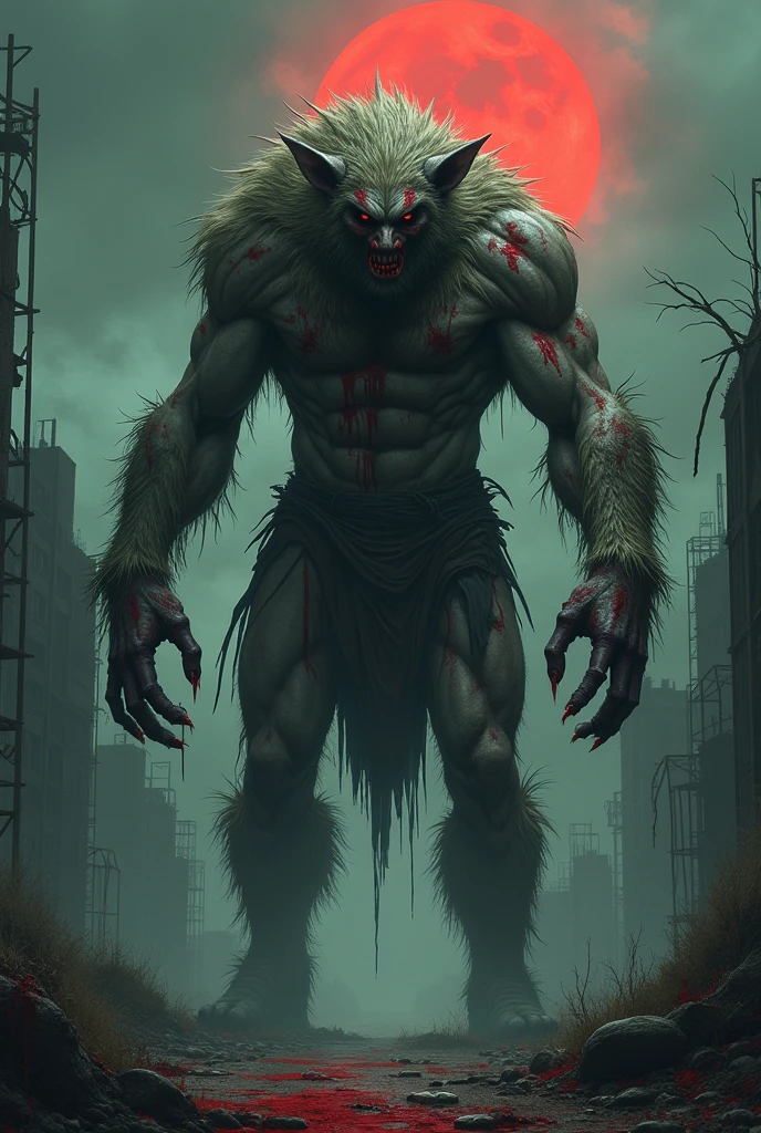 Half human, half beast, claws, post apocalyptic, horor, Terror, bloodstains, animal part, human size