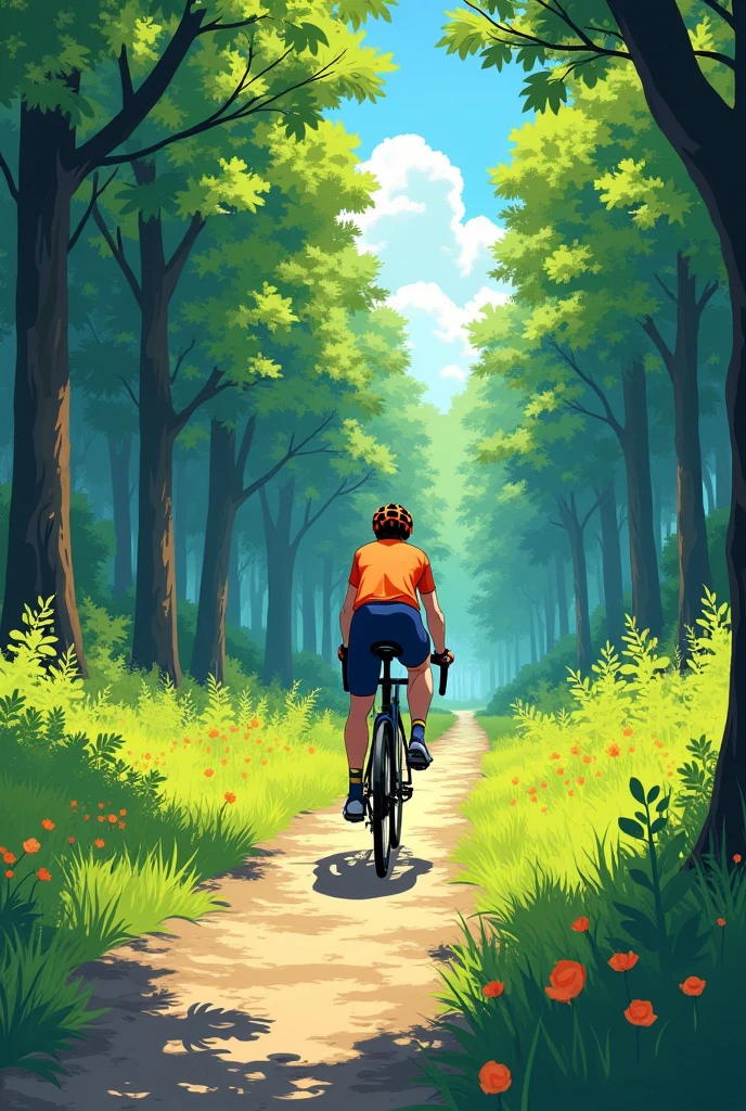 (bike: 1.5), (realistic bike: 1.5), (realistic cyclist: 1.5), cyclist back in foreground, lofi landscape, nature, sun, forest, clearing, undergrowth, landscape background, shadows, contrast, makoto shinkai (Best quality:1.3), (Highres:1) Art by Studio Ghibli Style, Vibrant Colors, Impressionism