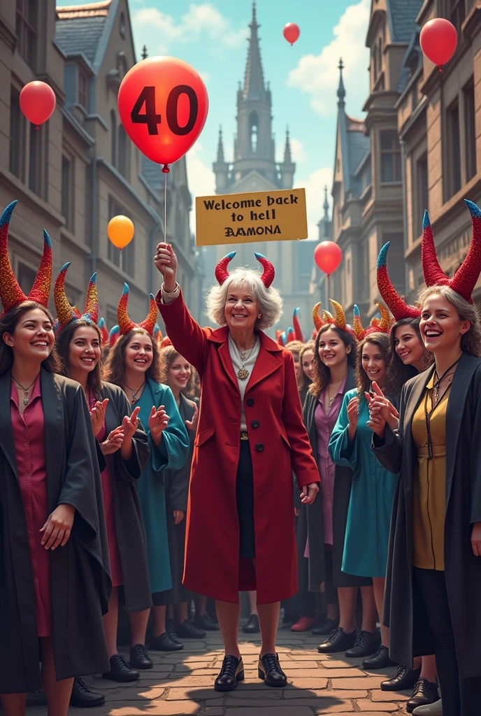 At the university called “Kotzarytessa” students celebrate, who look like demons, the return of a student. the student is old and has a balloon with “40” in her hand. The name of the university can be read. Es gibt ein Schild mit „Welcome back to hell, Ramona “