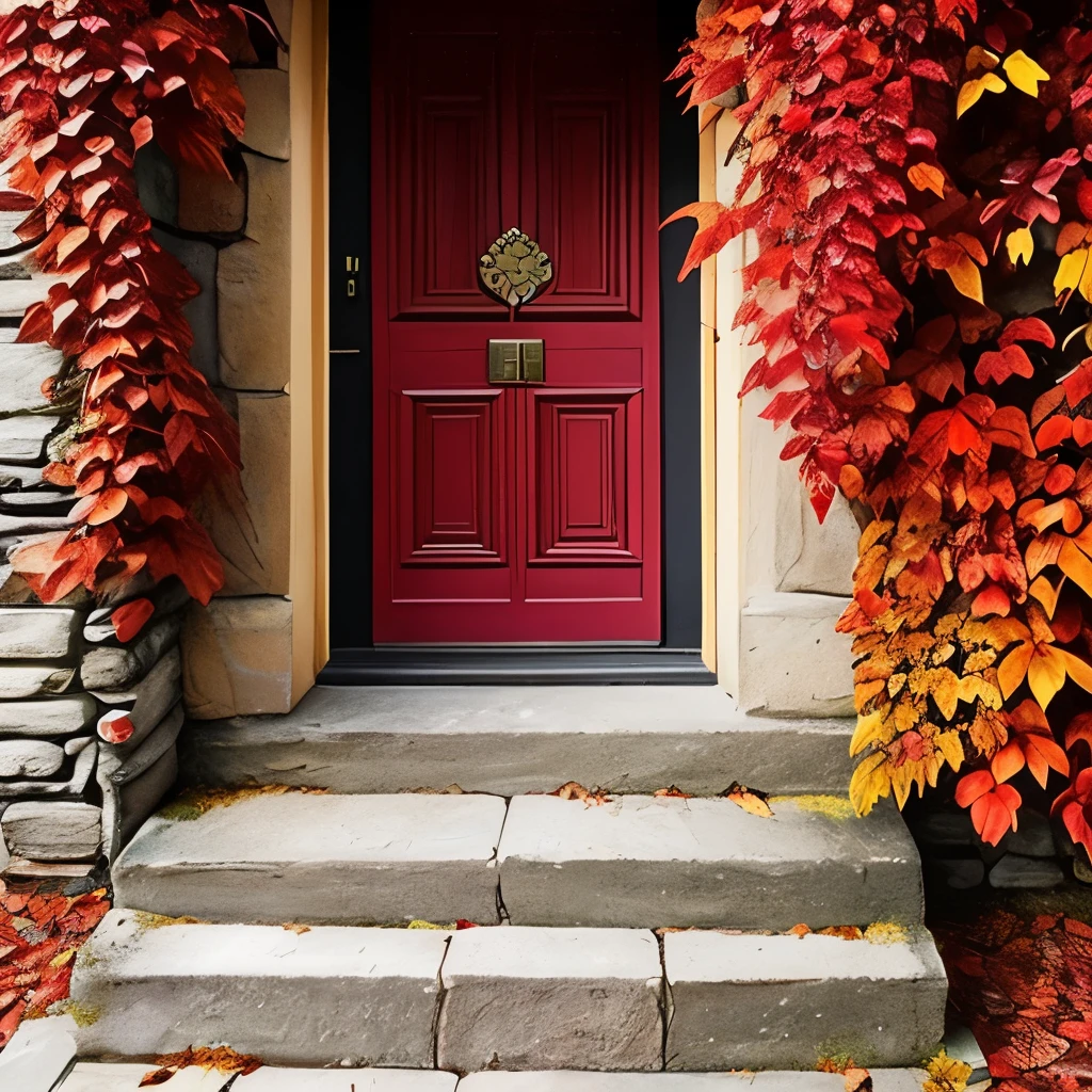 arafed door in a stone building covered in red leaves, magic doorway, doorways, doorway, beautiful deep colours, deep colours. ”, rich picturesque colors, doors, full of colors and rich detail, autumn! colors, colorful vines, dramatic entry, beautiful deep colors, beautiful colours, clad in vines, in the autumn, rich and deep colors, incredible colors
