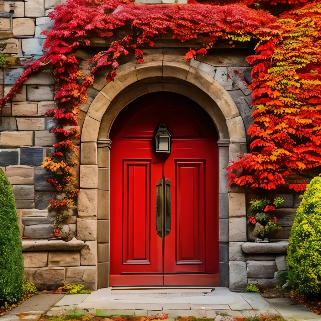 arafed door in a stone building covered in red leaves, magic doorway, doorways, doorway, beautiful deep colours, deep colours. ”, rich picturesque colors, doors, full of colors and rich detail, autumn! colors, colorful vines, dramatic entry, beautiful deep colors, beautiful colours, clad in vines, in the autumn, rich and deep colors, incredible colors