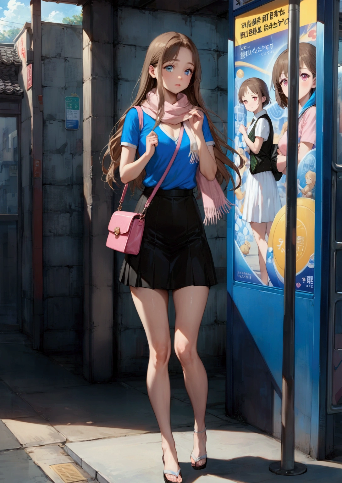 realistic anime illustration of beautiful young woman in dyed brown long straight hair (+forehead), she is waiting someone at bus stop on footpath, she is carrying a pink handbag, she wearing blue polo shirt, black mini skirt, pastel pink scarf covered her shoulders, (1girl, solo, full body), (masterpiece, best quality, japanese anime style), (expressive eyes, perfect face)